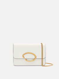 White O Pochette with Gold chain and abstract metal O clasp. Front View.