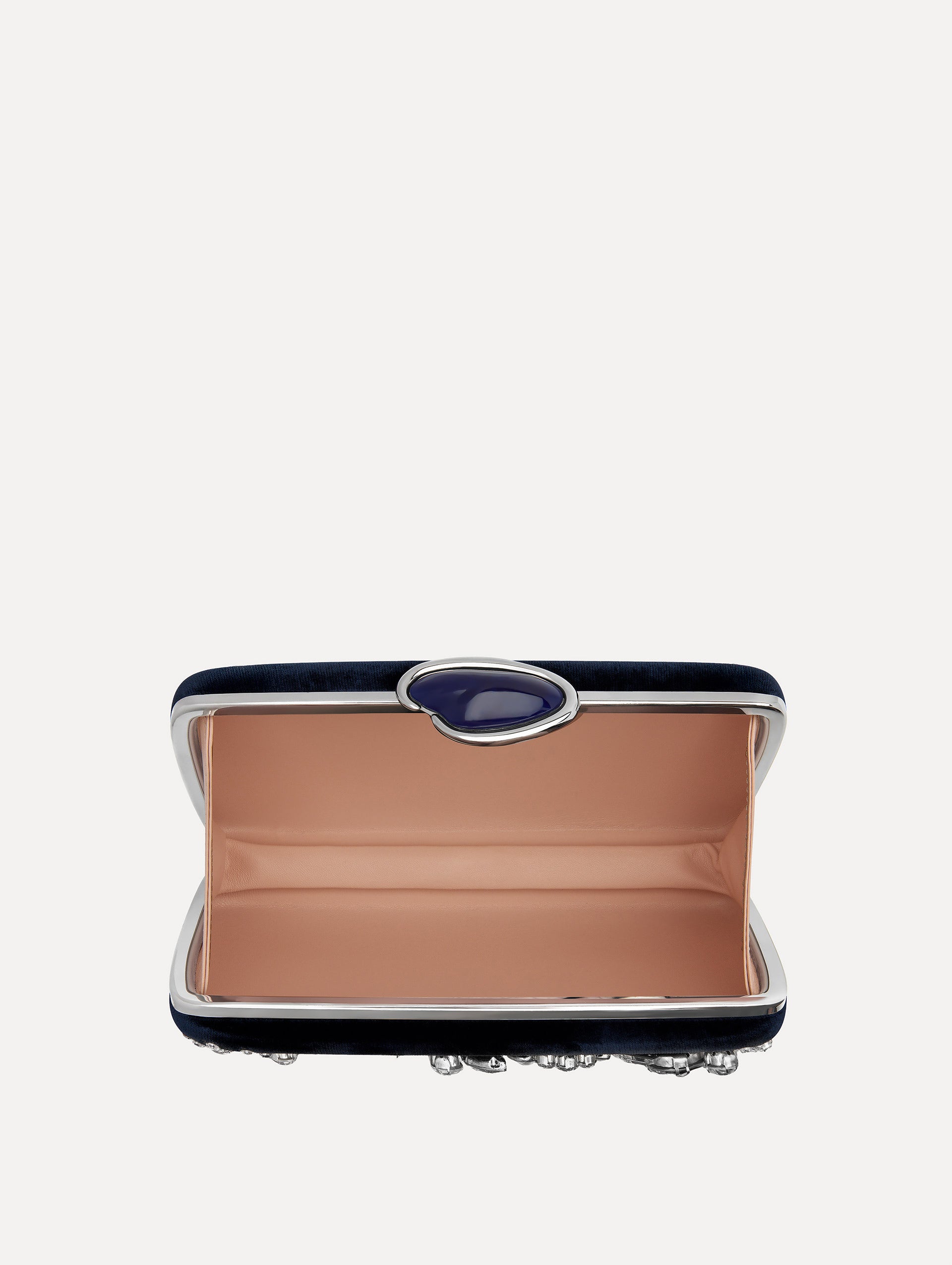 Opened clutch photo with compartment and multi-dimensional crystal embroidery and faceted stones scattered across the front canvas. The clutch features the Oscar ‘O’ emblem at the clasp. 