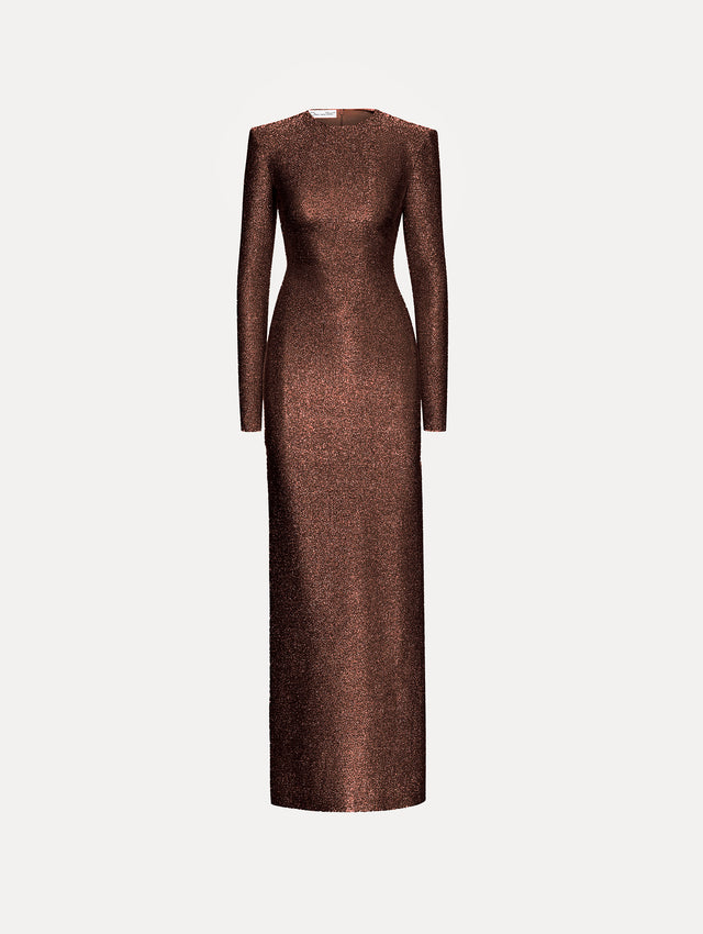 Espresso Lamé Column Gown with long sleeves and sparkle material. Front View.