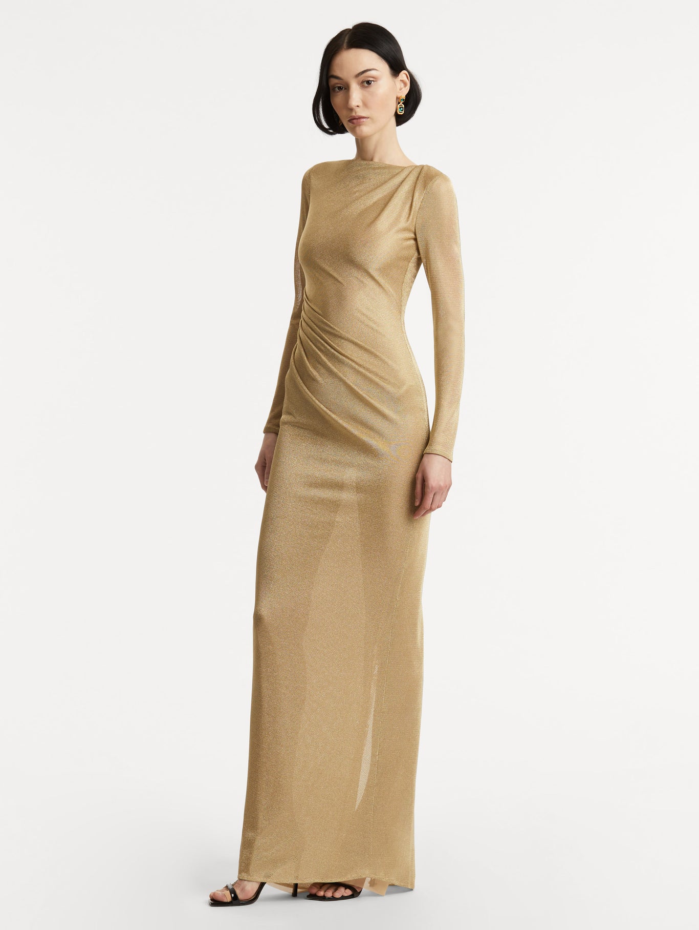 Metallic Stretch Knit Draped Gown In Light Gold main image 1