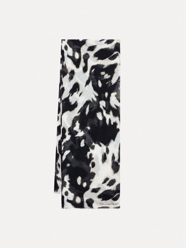 Cow Printed Foulard Scarf in Black and White Cow Print. Front View.