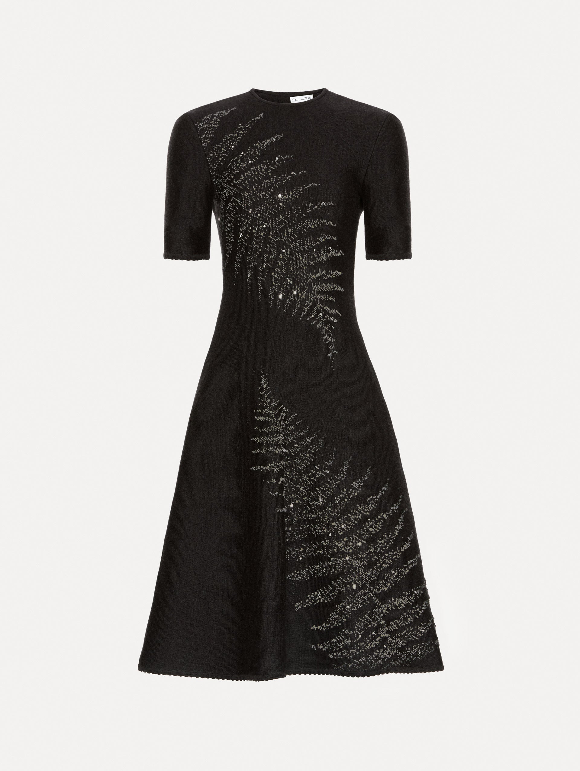 Charcoal short sleeve dress with silver sequin fern embroidery. Front View.