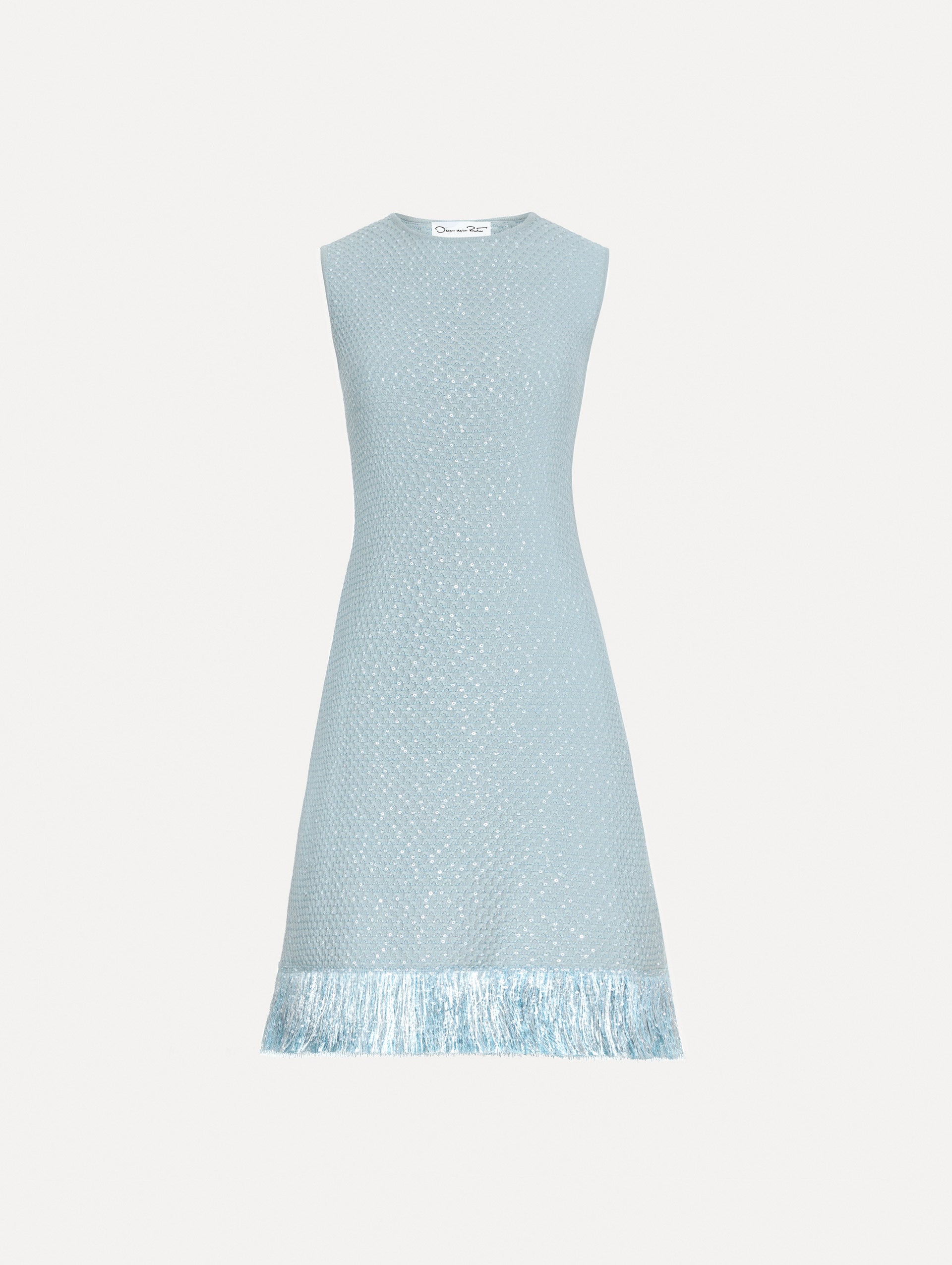 Blue quartz sequin tweed dress with fringe trim. 