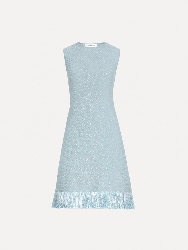 Blue quartz sequin tweed dress with fringe trim. 
