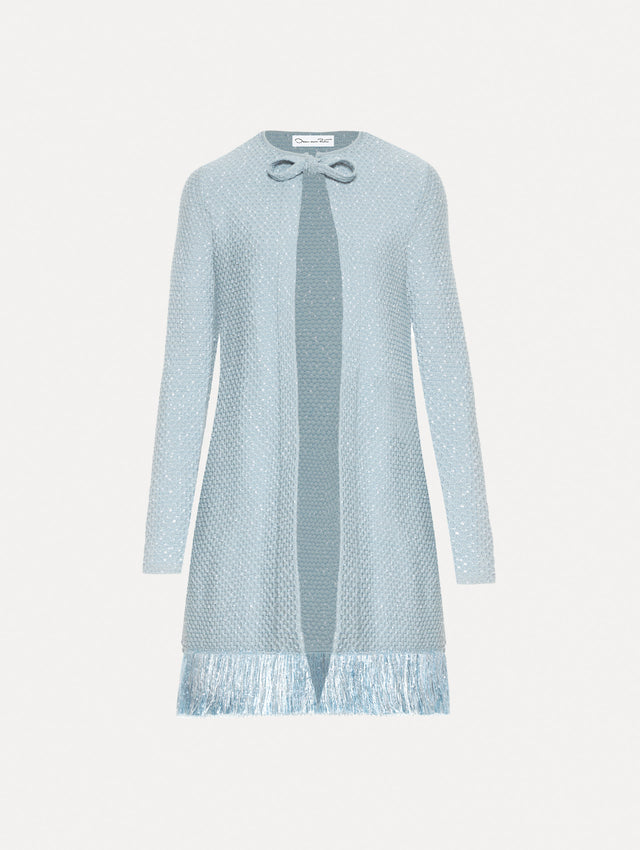 Blue quartz sequin tweed jacket with fringe trim. 