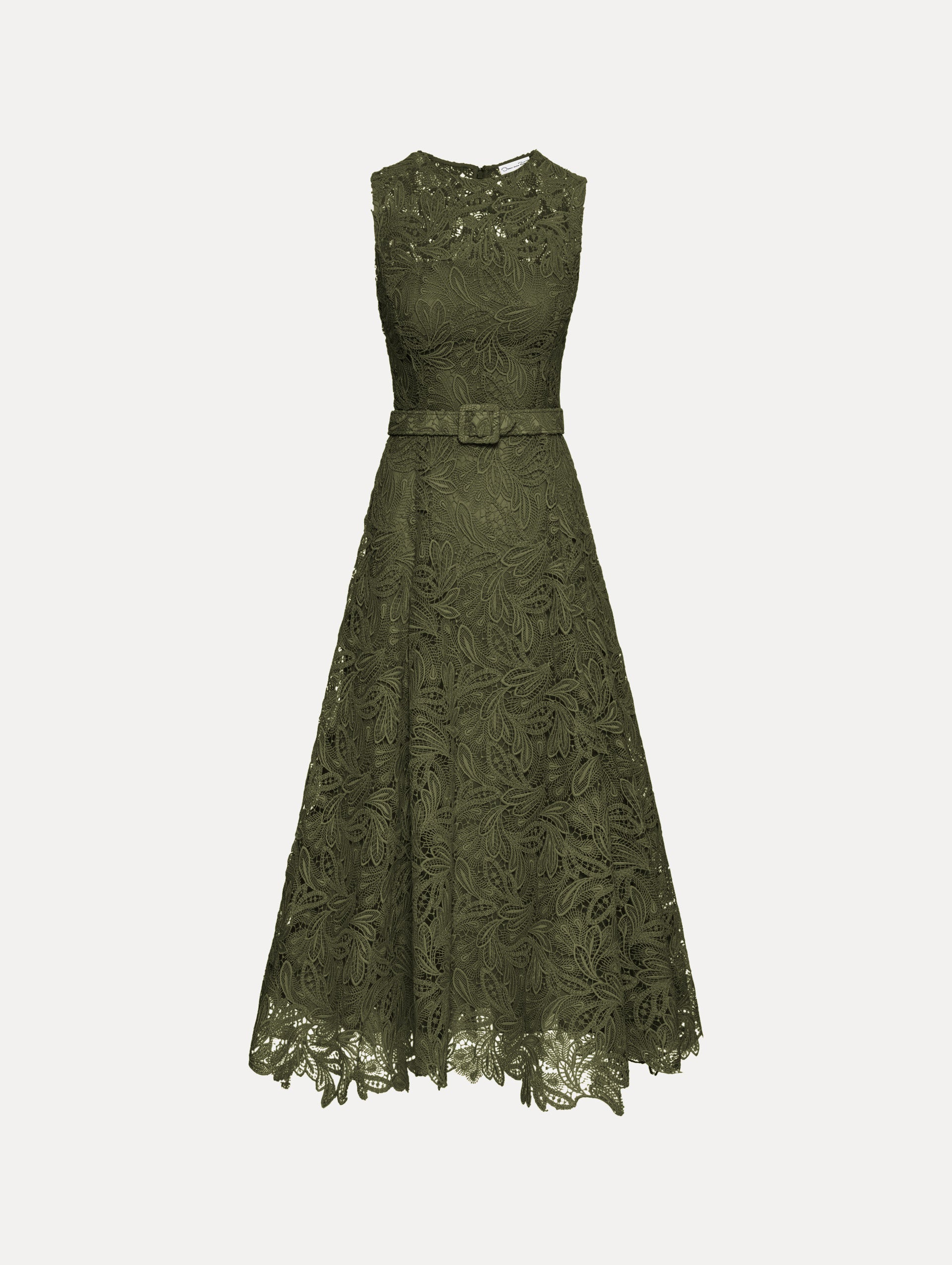 Moss Feather Scroll Guipure Dress with belted waist and sleeveless bodice. Front View.