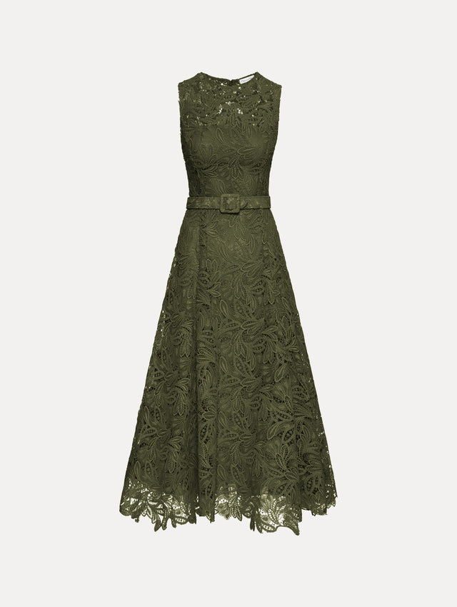 Moss Feather Scroll Guipure Dress with belted waist and sleeveless bodice. Front View.