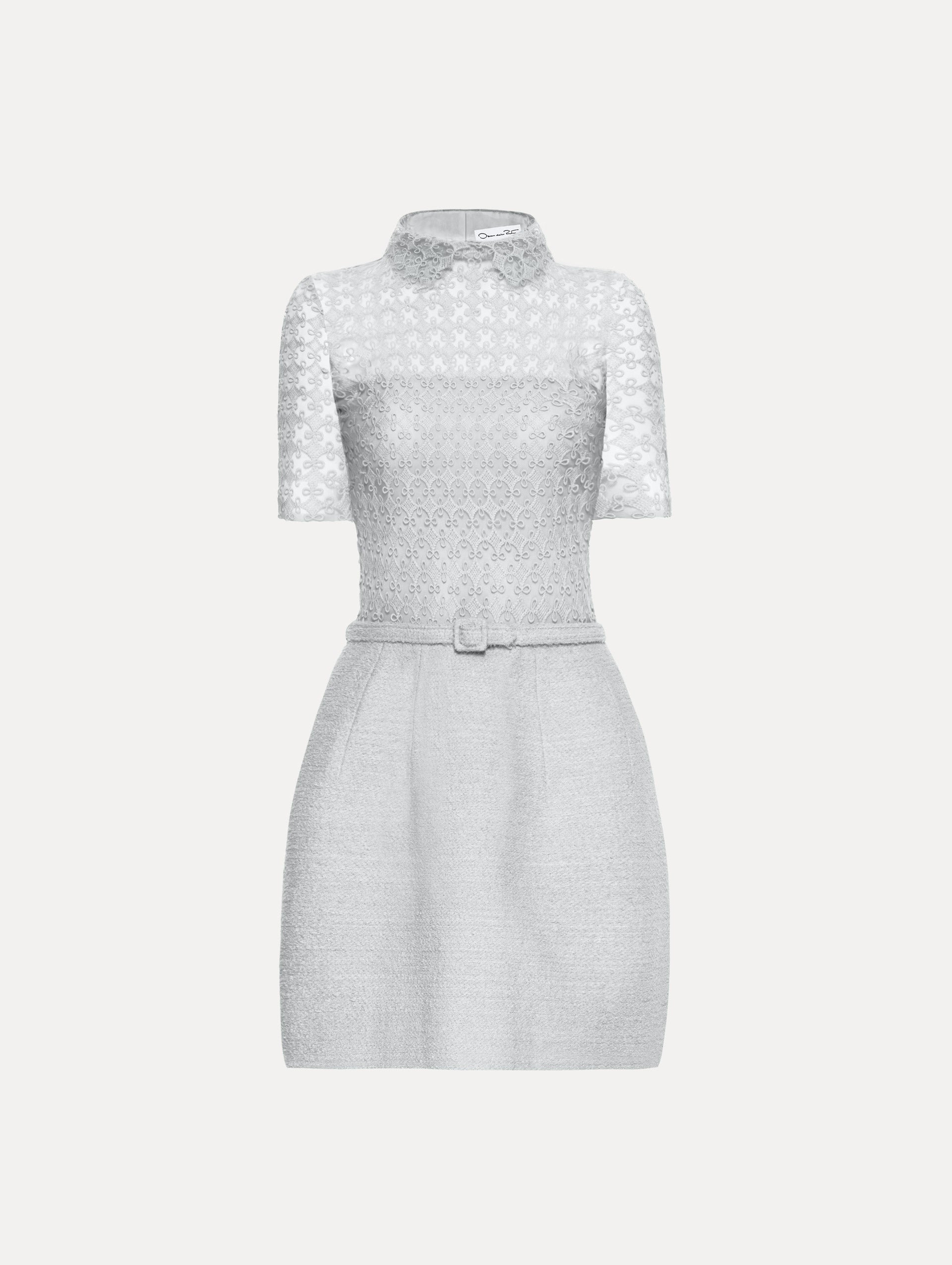 Blue quartz tweed dress with lace top, short sleeves, collar, and matching tweed belt. 