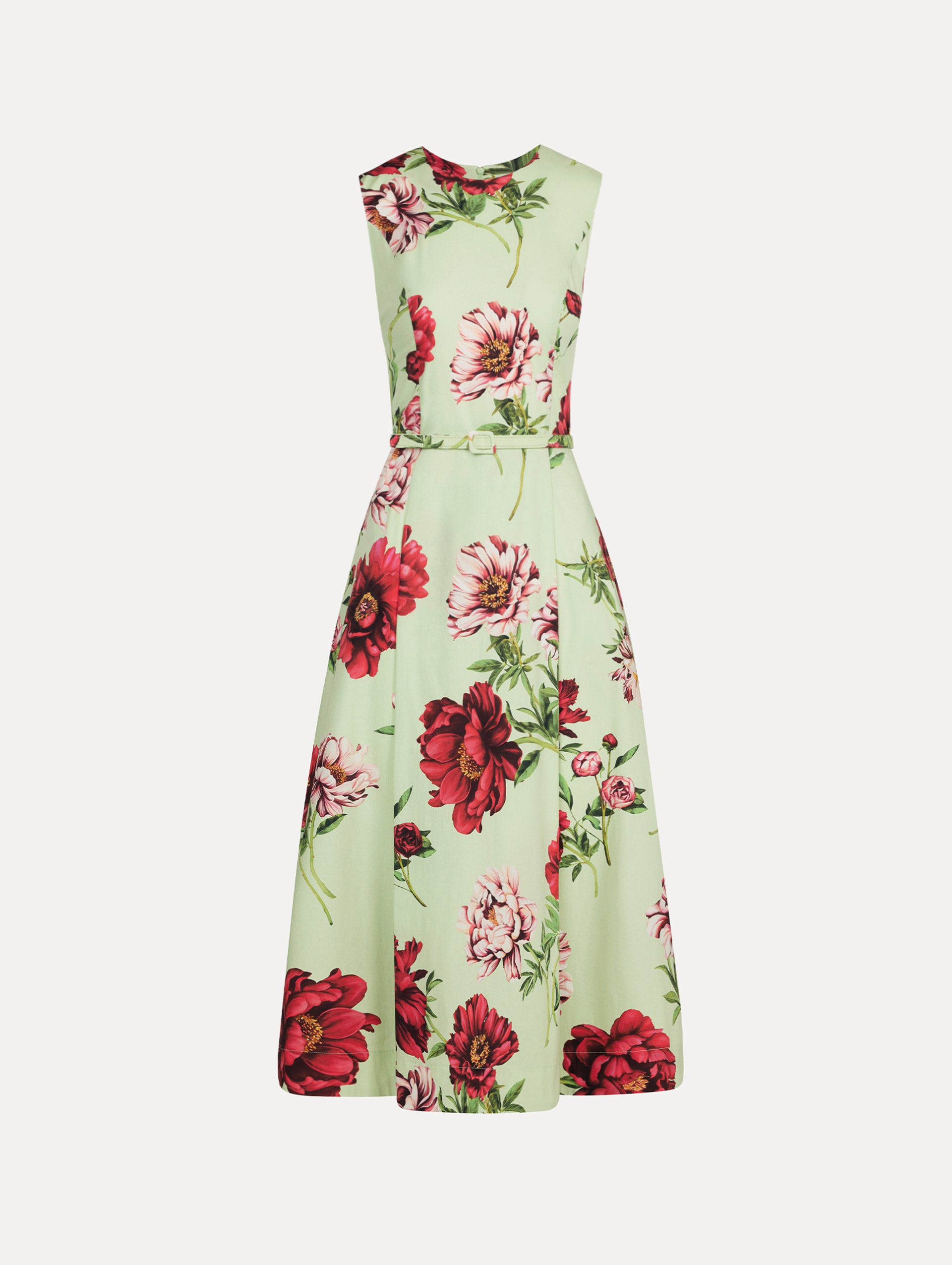 light green Peony Cotton Poplin Sleeveless Dress with belted waist and red floral print. Front View.