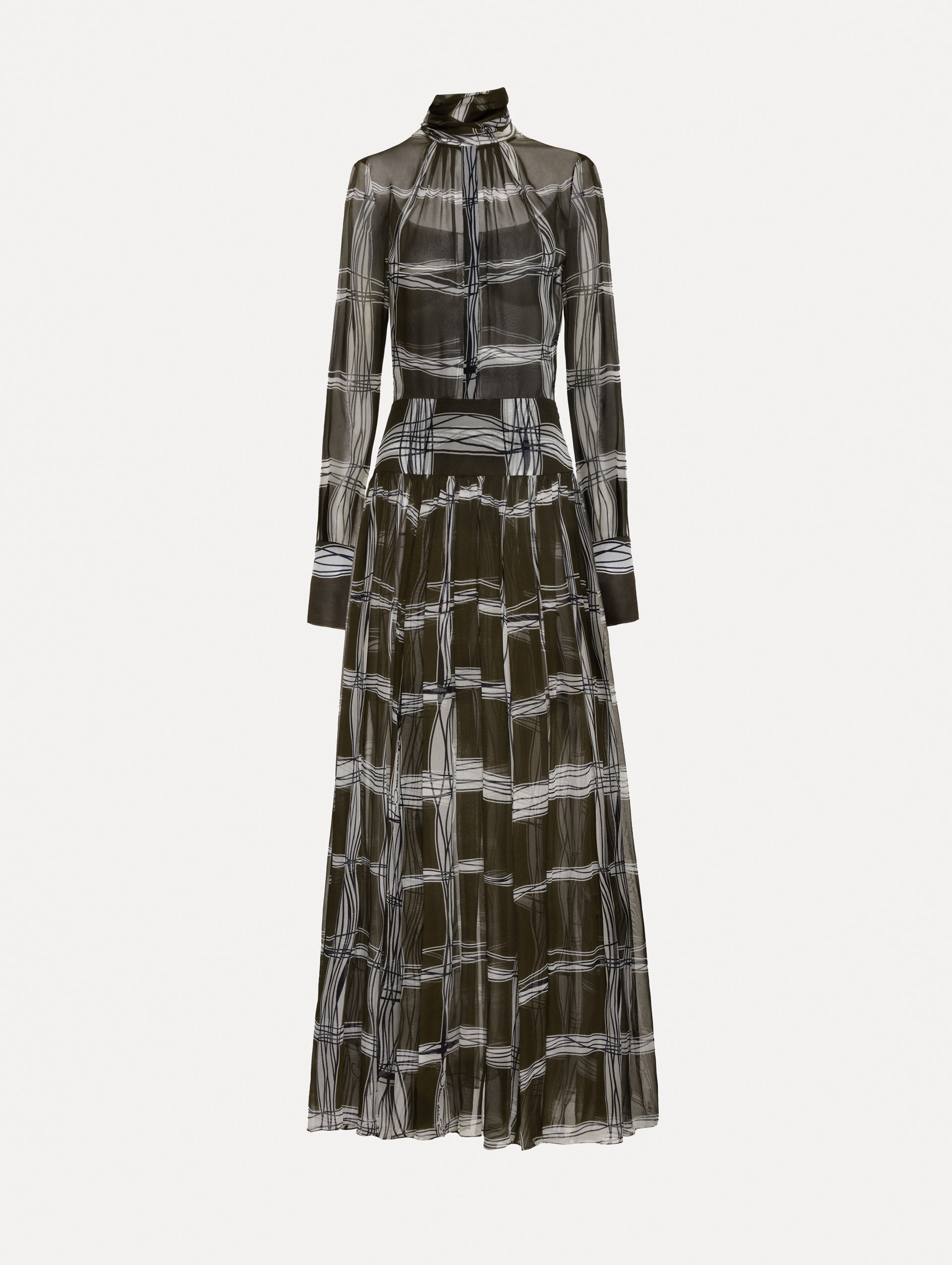 Silk chiffon dress which features a brown base with a hand-drawn plaid pattern. Dress has long sleeves and a mock neckline with a self-tie closure. 