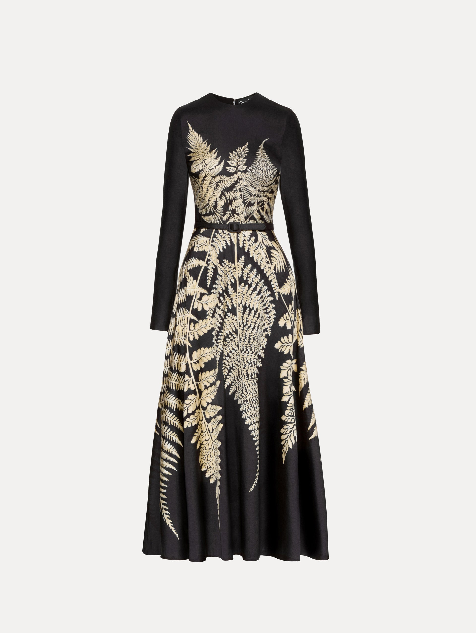 Silk cocktail dress with long-sleeves and  features a solid black base, with ivory ecru ferns concentrated at the center under removable black belt. 