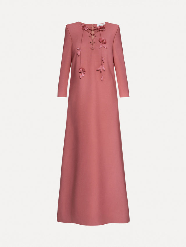Long sleeve pink caftan with lace up floral detail at the neckline. 