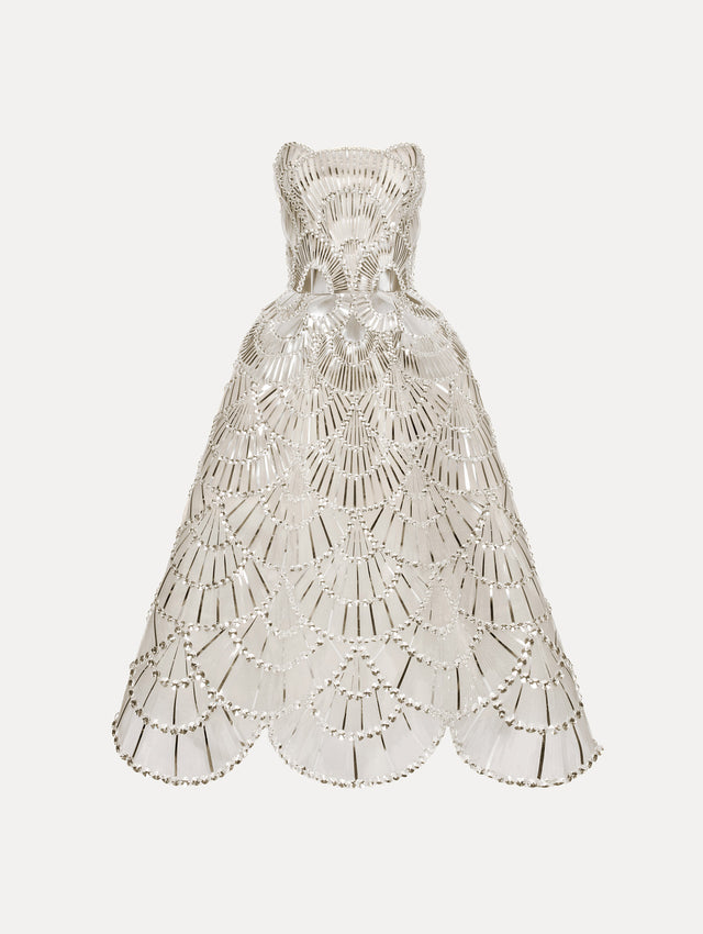 Strapless silver scallop embroidered gown. Front view