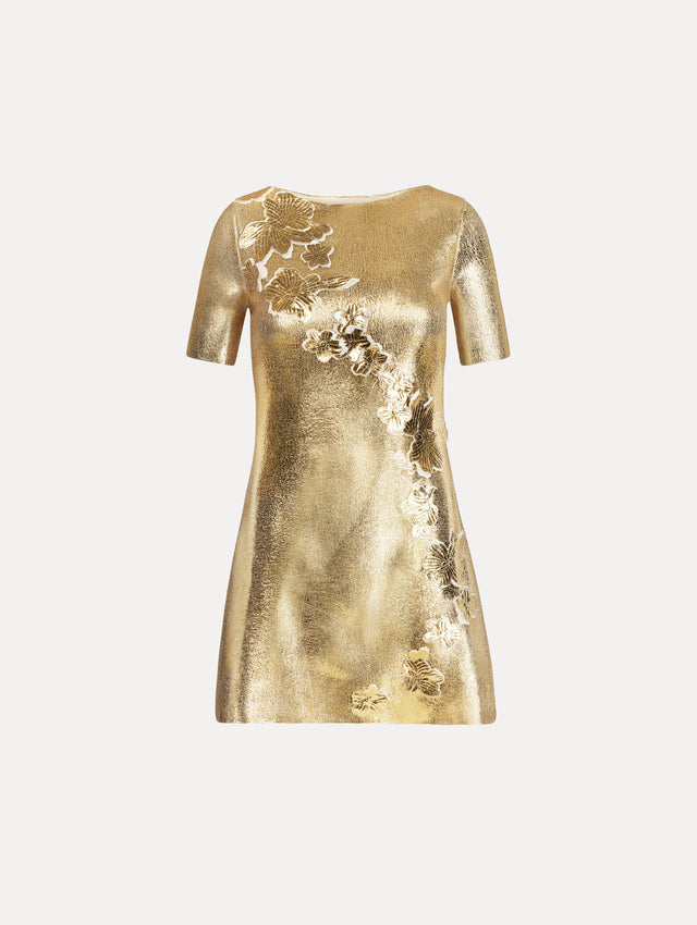 Metallic gold sleeveless mini dress with cherry blossom lace embroidery. Front view.