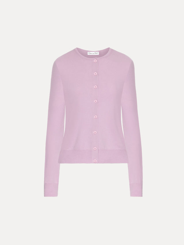 Front view of a pink wool cardigan.  