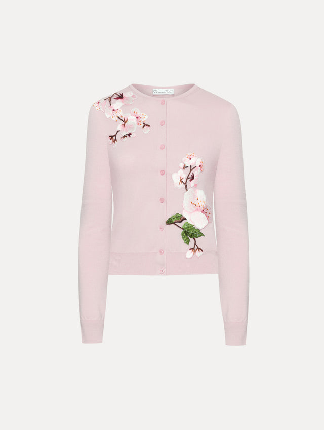 Lily cardigan with cherry blossom embroidery. Front view