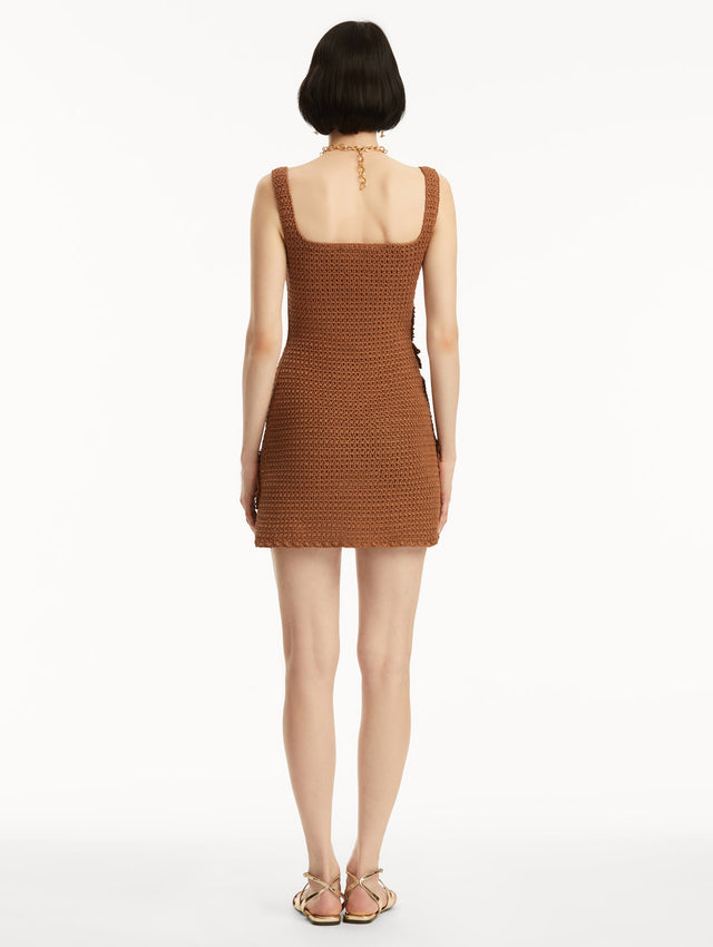 The model is wearing a brown sleeveless crochet mini dress with three-dimensional leather cherry blossom appliques. Back view