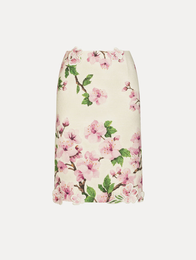 Ivory Cherry Blossom Tweed Pencil Skirt with pink and green floral motifs and knee length hem. Front View.