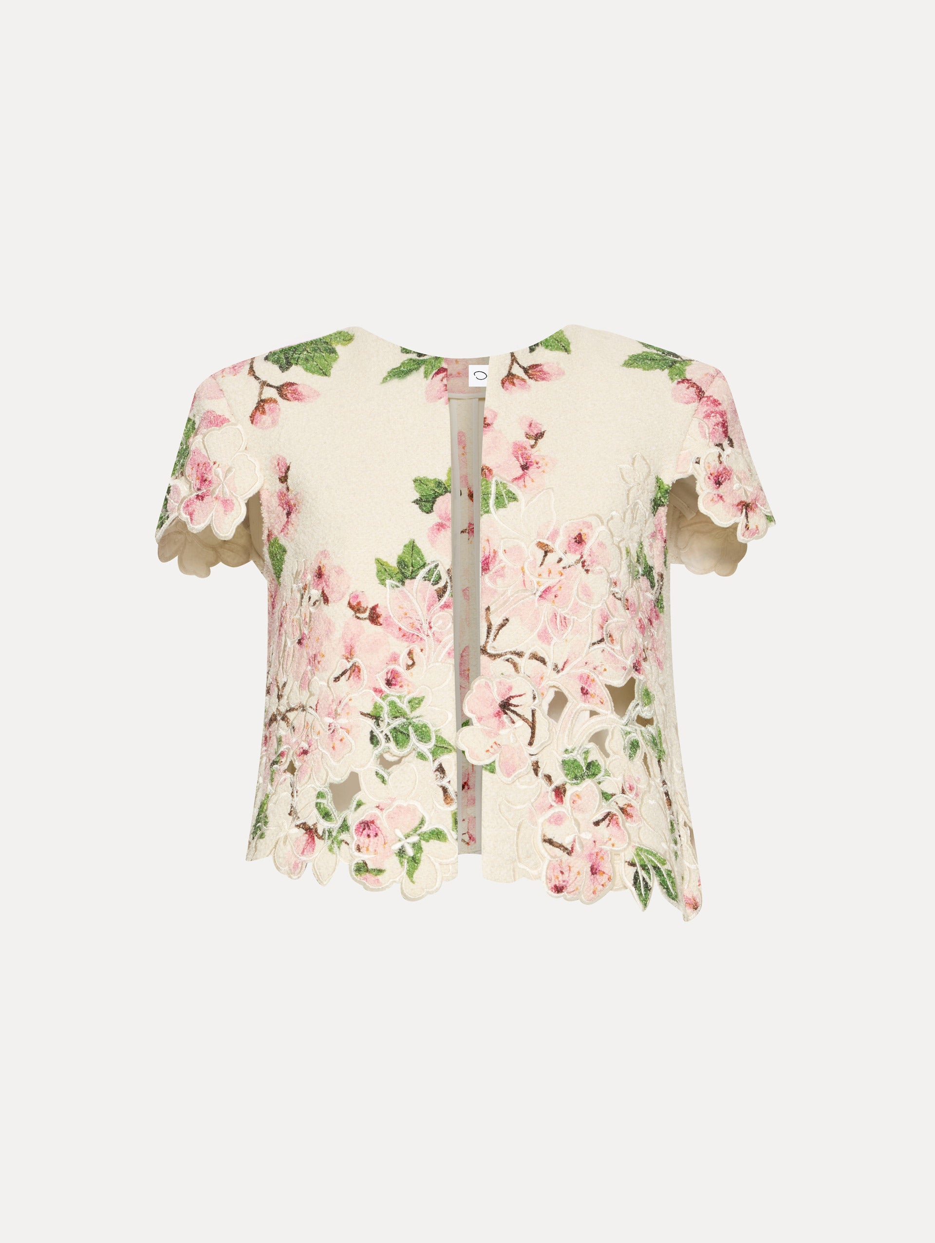 White short sleeve tweed jacket with pink cherry blossoms embroidery. Front view