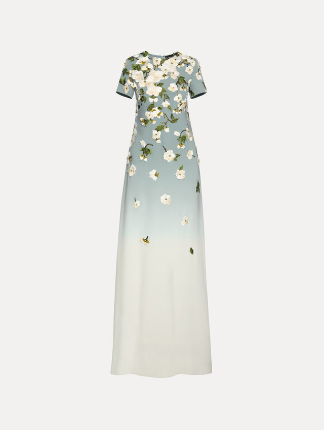 Ombre light blue to white gown with short sleeves and white cherry blossoms embroidered.
