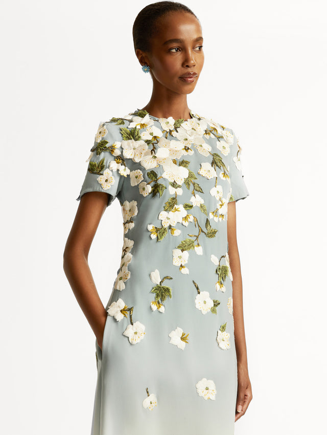 Model wearing Ombre light blue to white gown with short sleeves and white cherry blossoms embroidered. Zoom View