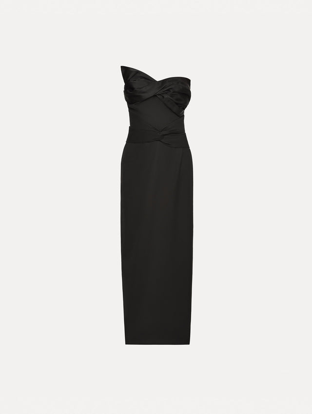 Black dress with bow detailing and a strapless, asymmetric neckline. Front View.