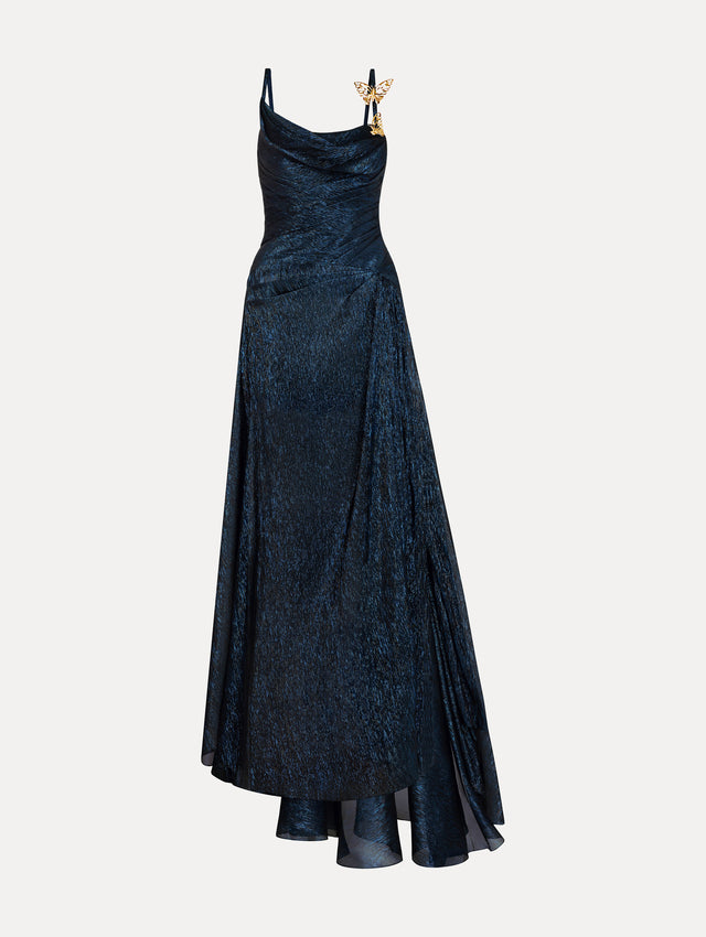 Navy Lamé Mousseline Draped Gown with gold butterfly hardware on the shoulder and asymmetric draped bodice. Front View. 