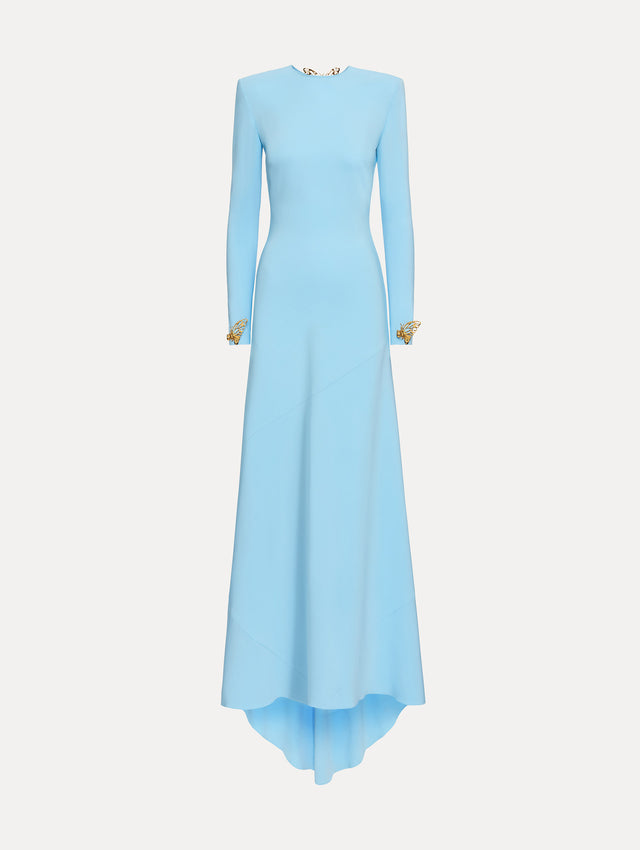 Blue quartz sequin tweed dress with fringe trim. 