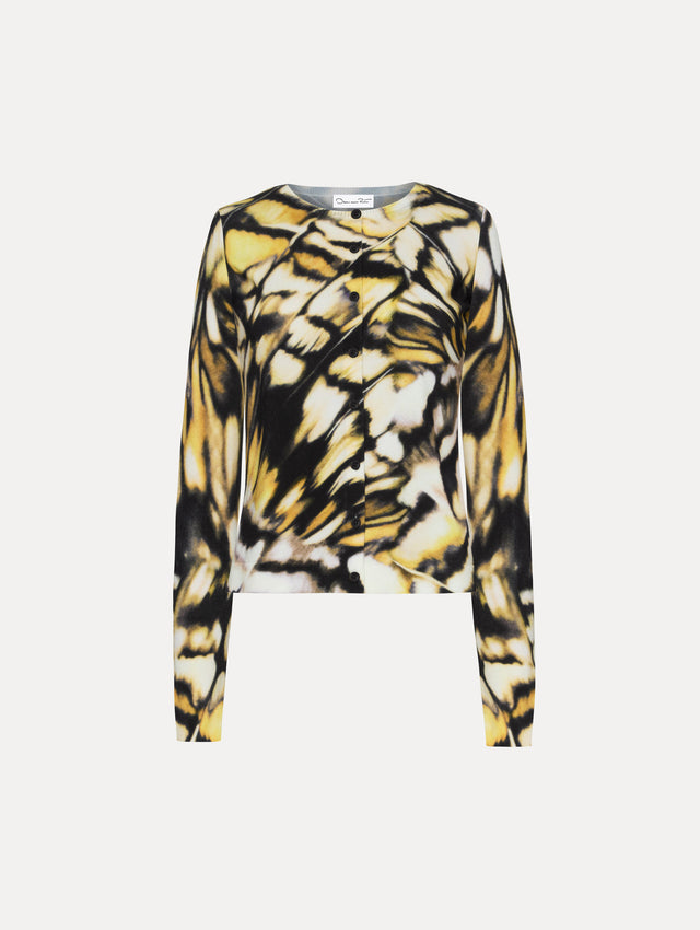 Abstract butterfly print in black, yellow, and white cardigan.
