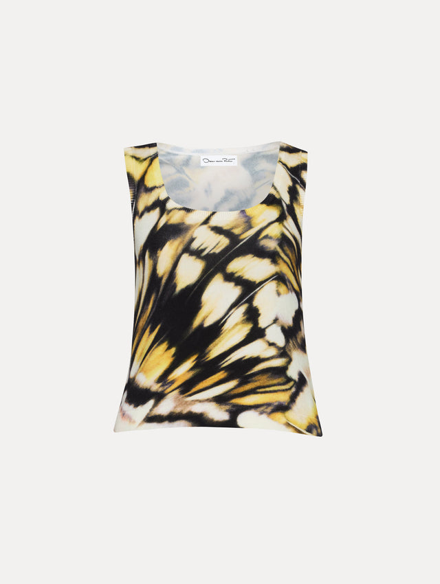 Abstract butterfly print in yellow, black, and white tank.