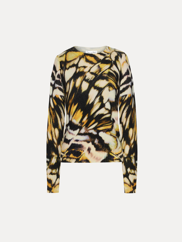 Abstract butterfly print in shades of black, yellow, and white pullover.