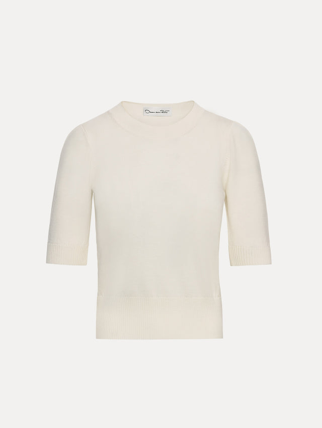 Ivory Short Sleeve Wool Pullover with ribbed neckline and hem. Front View.