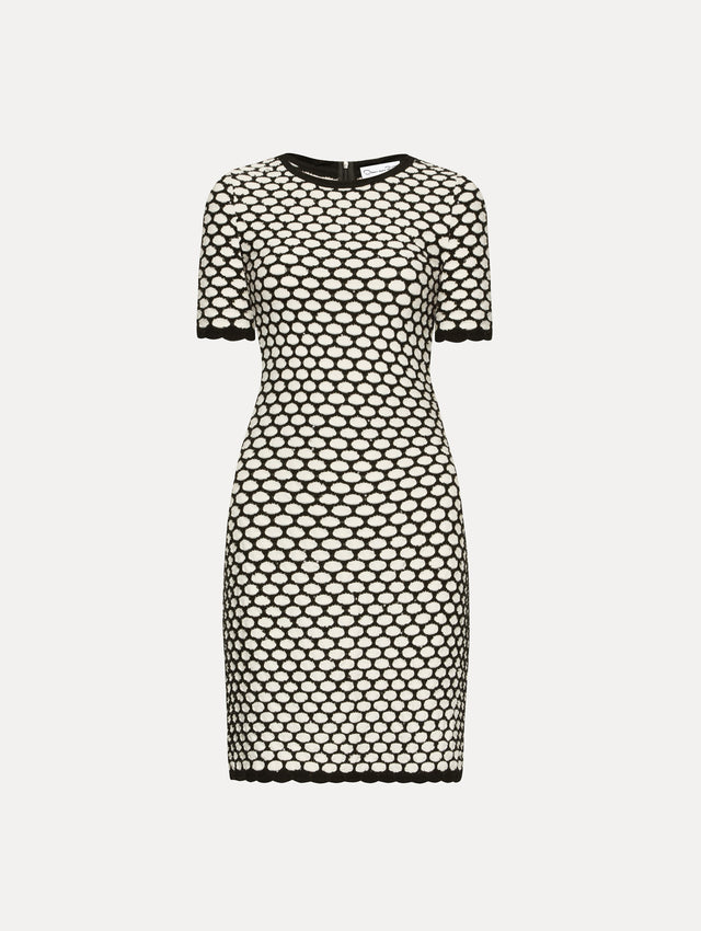 Black and white honeycomb print sequin knit short sleeve mini dress.