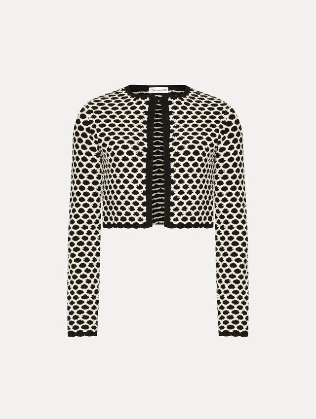 Black and white honeycomb print knit sequin jacket.