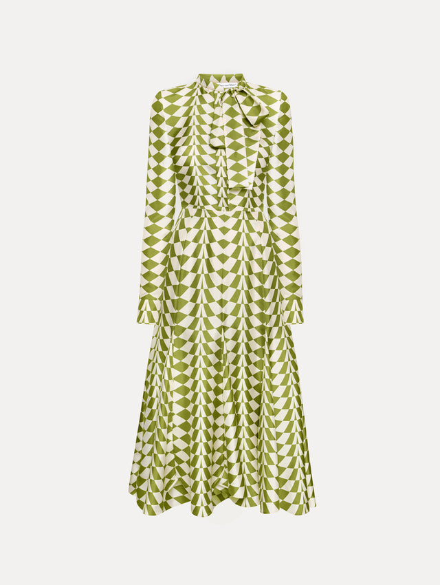 Long sleeve green and white geometric print silk dress with tie detail around the neck.