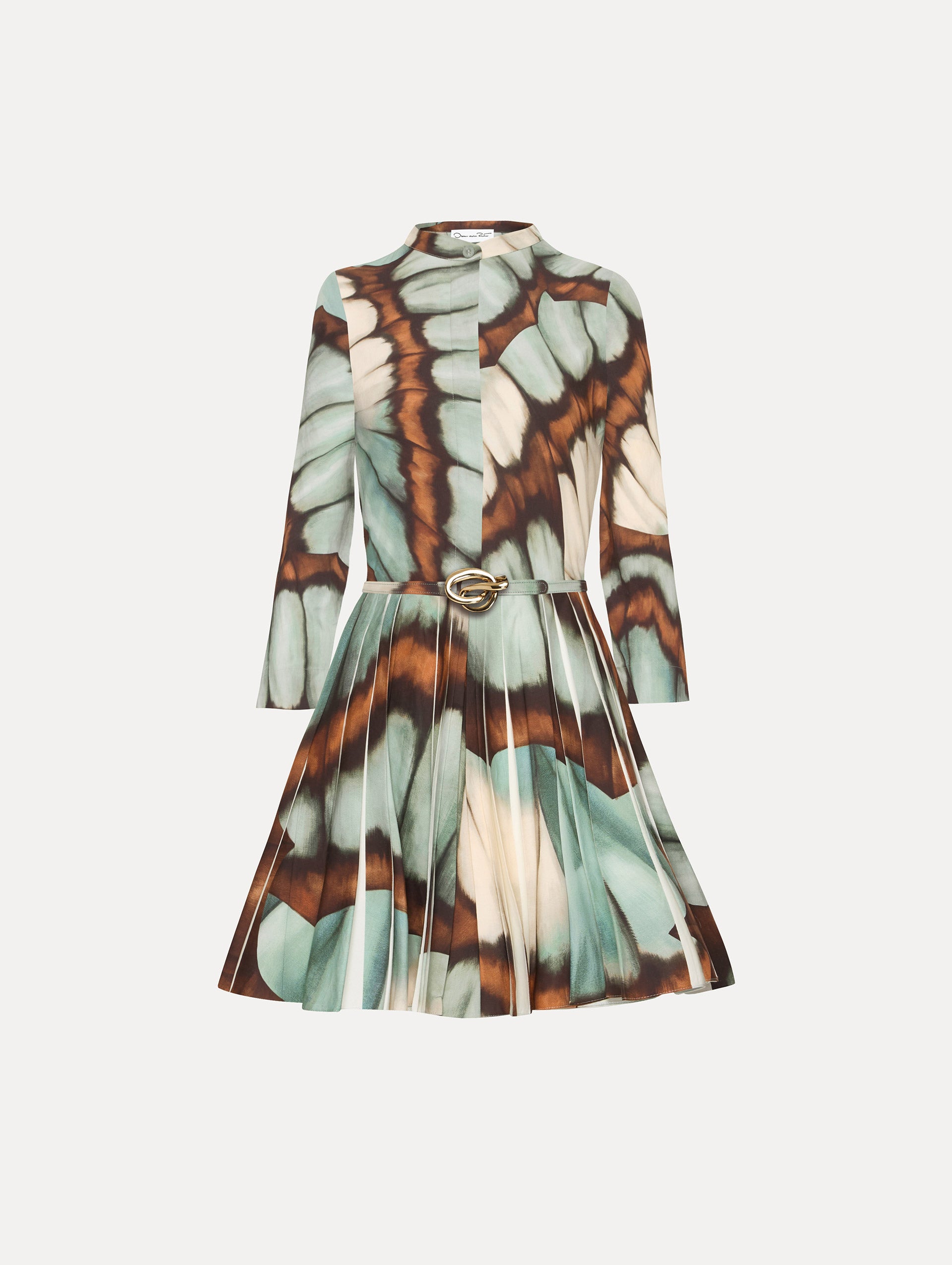 Long sleeve button-down mini dress with abstract butterfly print in shades of brown, light blue, and white.