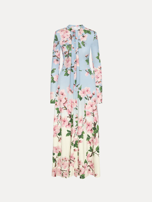 Ombre light blue to white long sleeve long dress with tie detail on the neck and pink cherry blossom print.