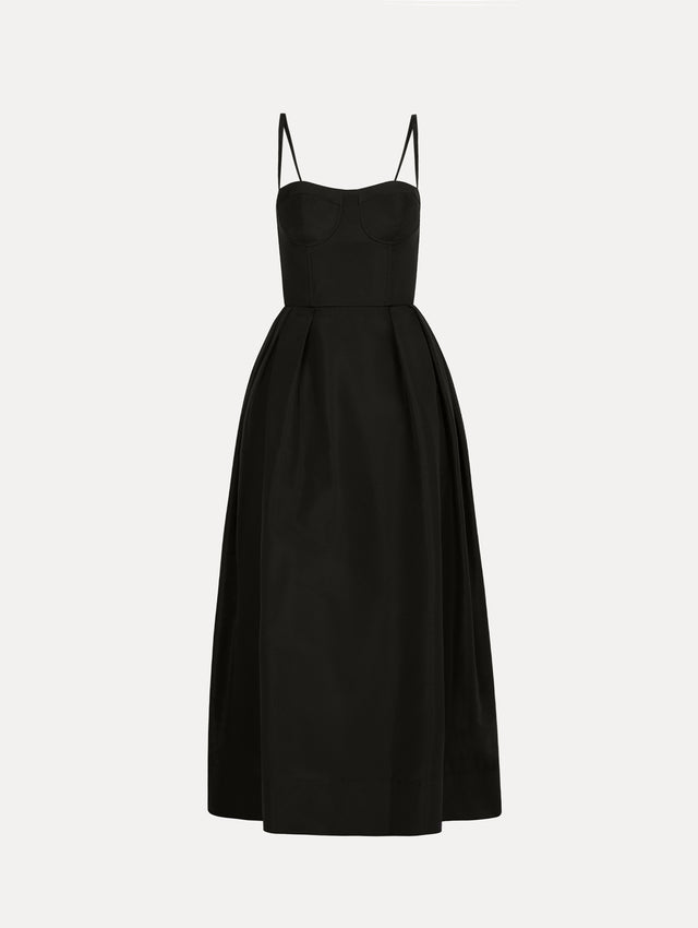 Black Bustier-Detailed Faille Dress with thin straps, a bustier bodice, and midi length skirt. Front View.