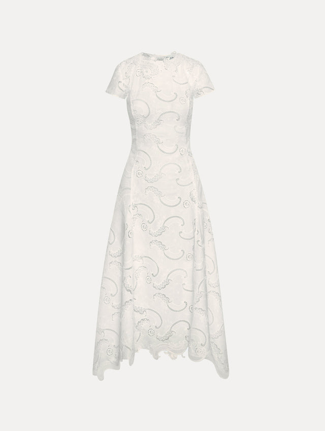 Short sleeve white lace dress.
