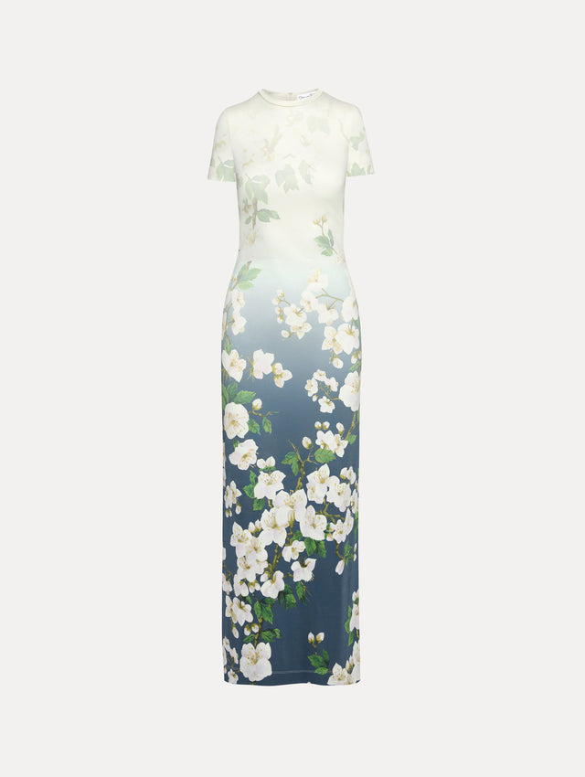 Ombre white to blue short sleeve long dress with white cherry blossom print.