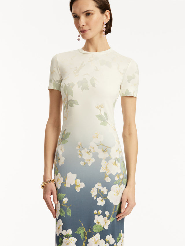 Model wearing ombre white to blue short sleeve long dress with white cherry blossom print. Zoom View