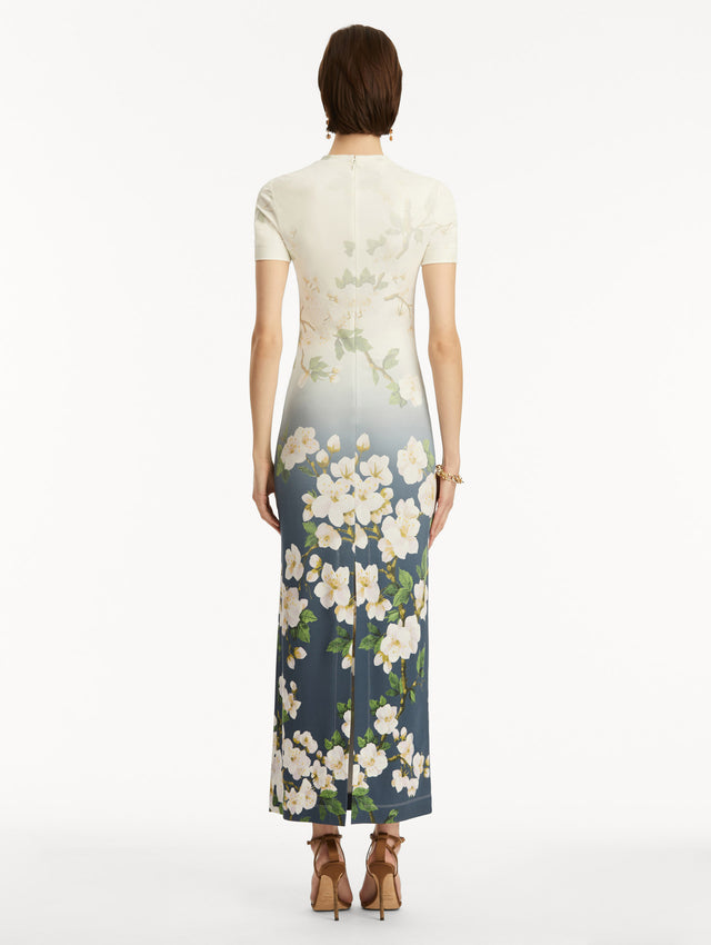 Model wearing ombre white to blue short sleeve long dress with white cherry blossom print. Back View