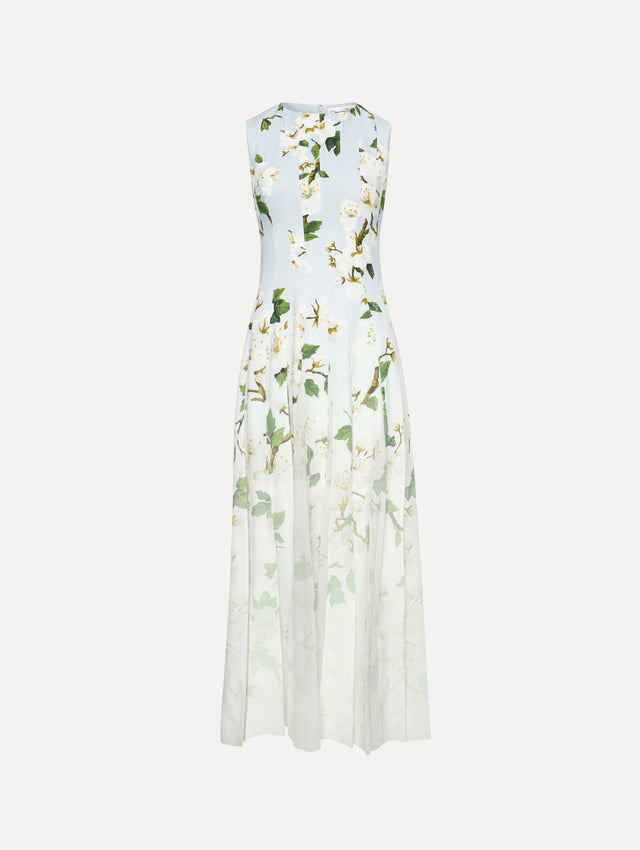 Ombre blue to white, sleeveless long dress with white cherry blossom print.