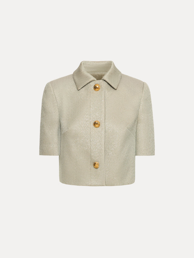 Front view of grey tweed short sleeve jacket. 