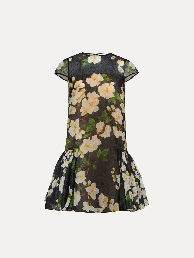 Short sleeve mini drop-waist dress in sheer black with white cherry blossoms printed all over.