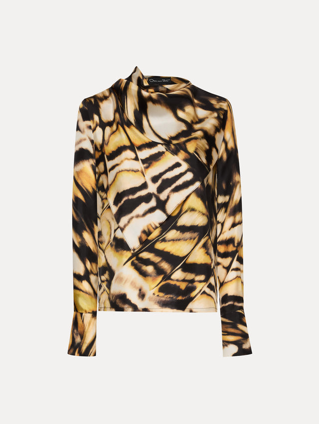 abstract butterfly printed silk blouse, with draping around the neck