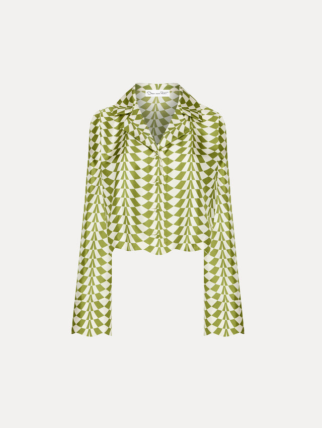 Green and white geometric print silk blouse. Front View.