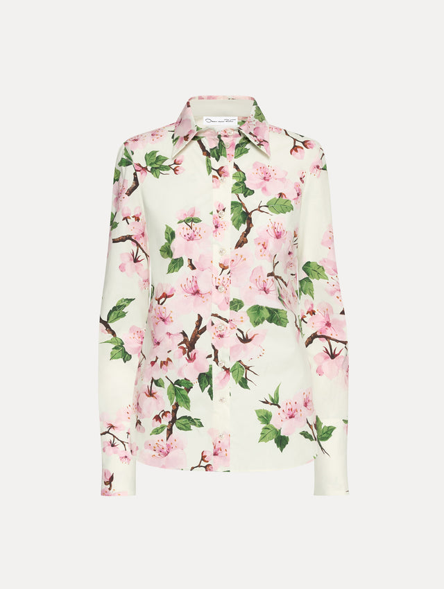The Cherry Blossom Cotton Poplin Blouse in a floral print. Front View. 