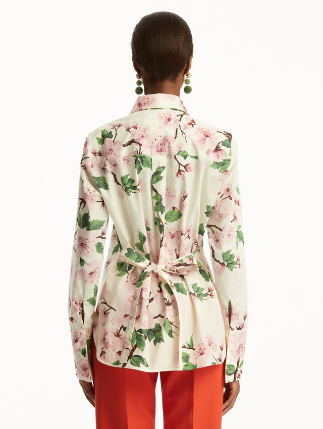 The Cherry Blossom Cotton Poplin Blouse in a floral print. Back View. 