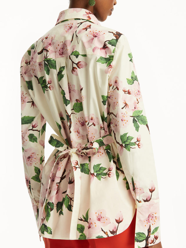 The Cherry Blossom Cotton Poplin Blouse in a floral print. Back View.